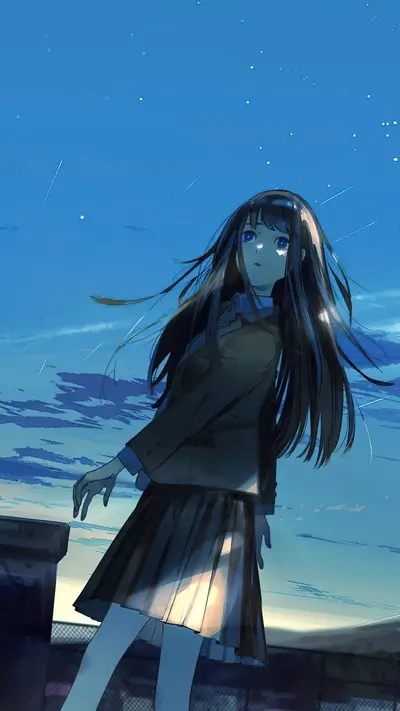 Girl in school uniform under a twilight sky