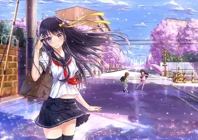 Girl in school uniform walking down a street