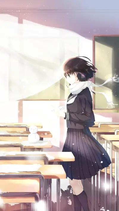 Girl in school uniform walking in snowy classroom