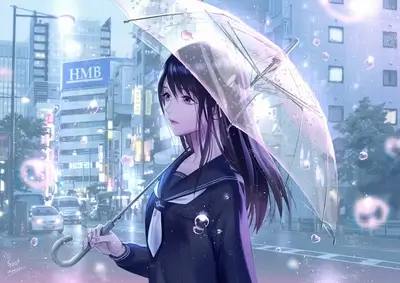 Girl in school uniform walking in the rain