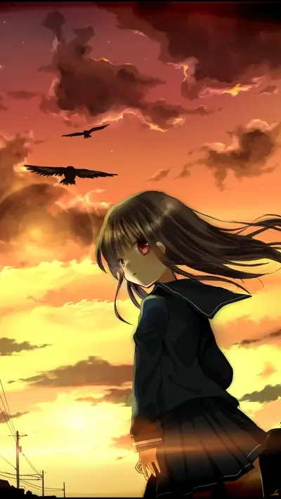 Girl in school uniform watching sunset