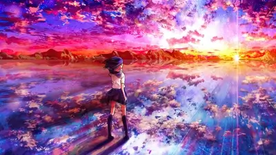 Girl in school uniform watching sunset over water