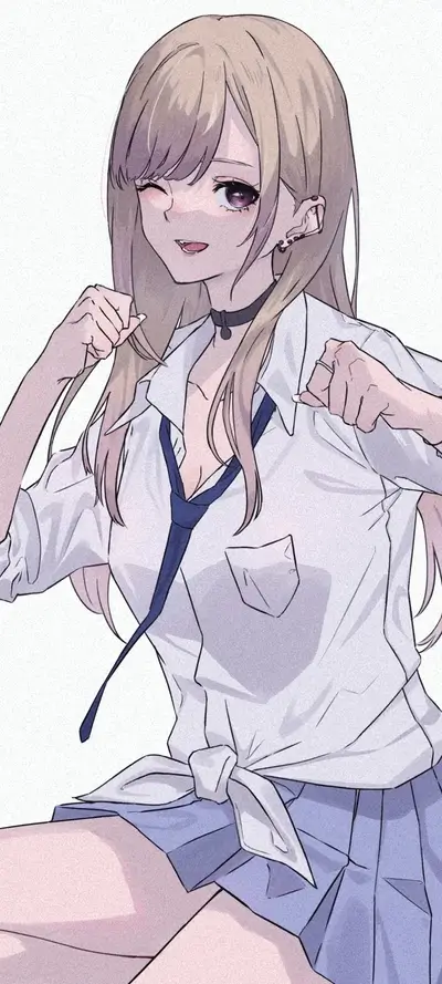 Girl in school uniform, winking, fists clenched