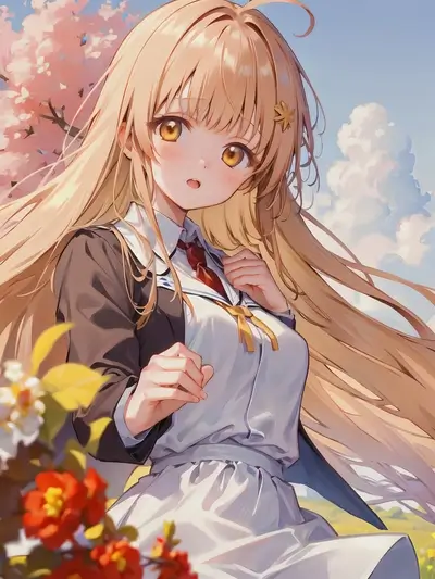 Girl in school uniform with golden hair and brown eyes