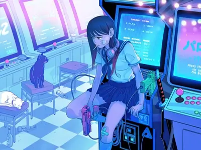 Girl in school uniform with guns sitting by arcade machines
