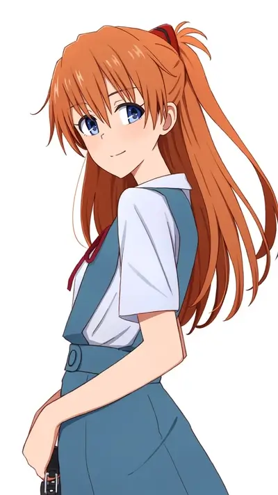 Girl in school uniform with orange hair and blue eyes looking back