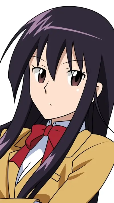Girl in school uniform with purple hair, stern expression