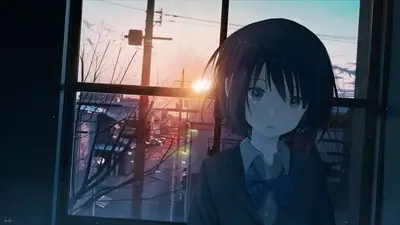 Girl in school uniform with tears in her eyes, standing near window