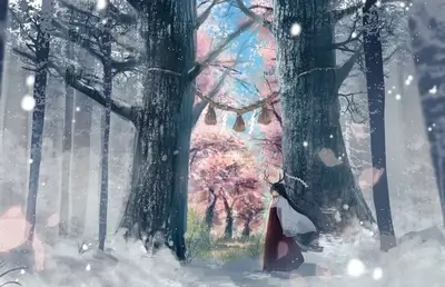 Girl in snowy forest with cherry blossoms