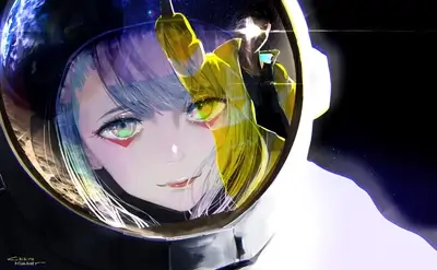 Girl in space helmet, looking at Earth