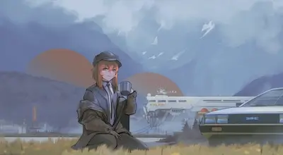 Girl in suit enjoying a drink, futuristic vehicle and landscape