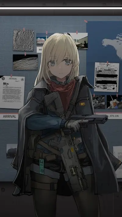 Girl in tactical gear in front of a bulletin board