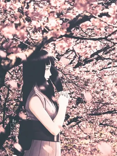 Girl in traditional clothing stands amidst blooming cherry blossoms