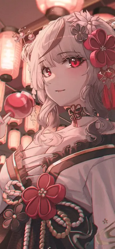 Girl in traditional outfit with candy apple, lanterns in background