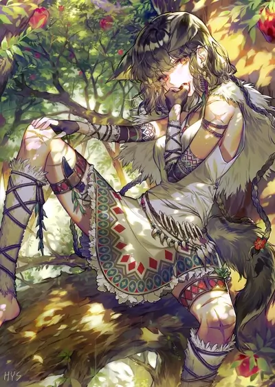 Girl in tribal attire resting on a tree