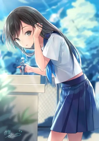 Girl in uniform drinking water from a fountain