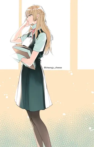 Girl in uniform holding books, looking away