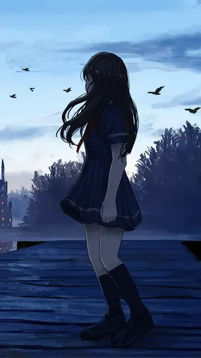 Girl in uniform looking at a distant castle