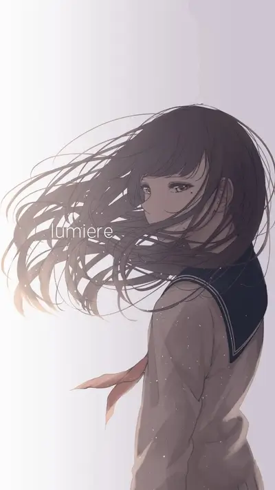 Girl in uniform, wind blowing through hair, luminous