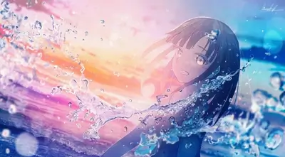 Girl in water splashes, sunset background