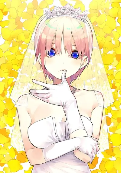 Girl in wedding dress with tiara, flowers petals, veil