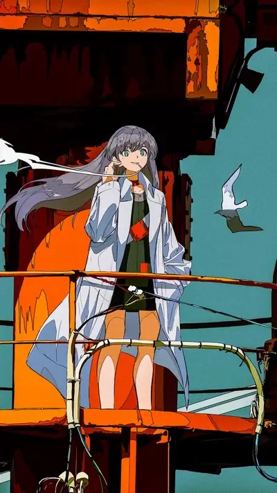 Girl in white coat on rusty structure