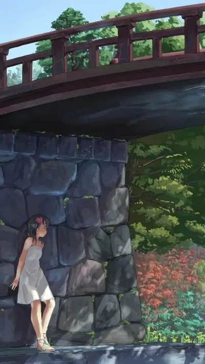 Girl in white dress by stone wall under bridge
