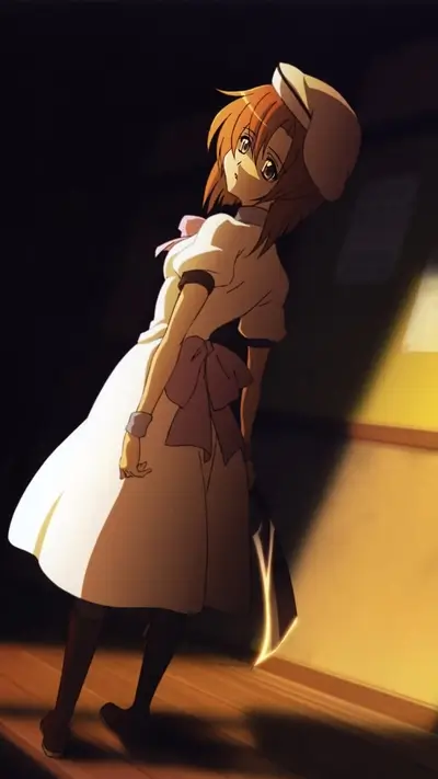 Girl in white dress holding a scythe, standing in a hallway