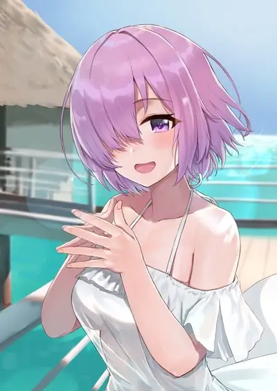 Girl in white dress, on summer vacation with the breeze playing with hair