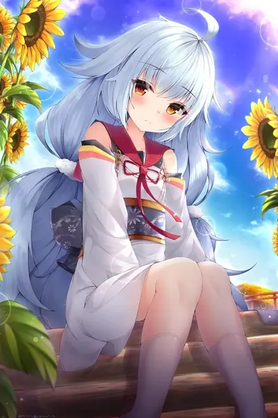 Girl in white dress sits among sunflowers