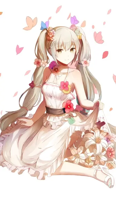 Girl in white dress surrounded by flowers