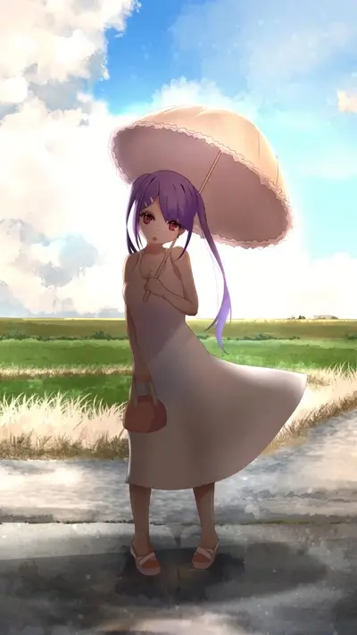 Girl in white dress under parasol in a rural setting