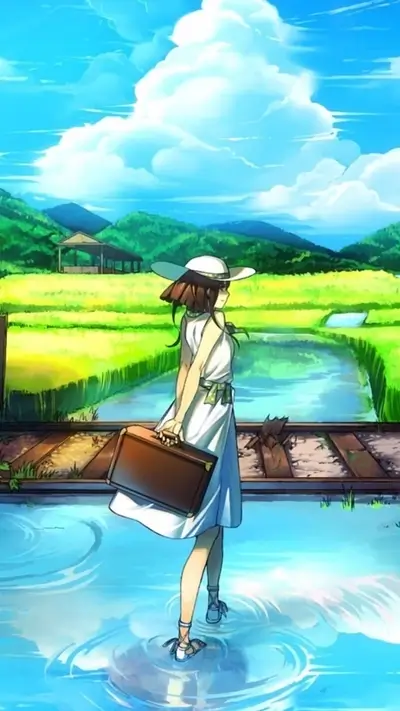 Girl in white dress walking by a river