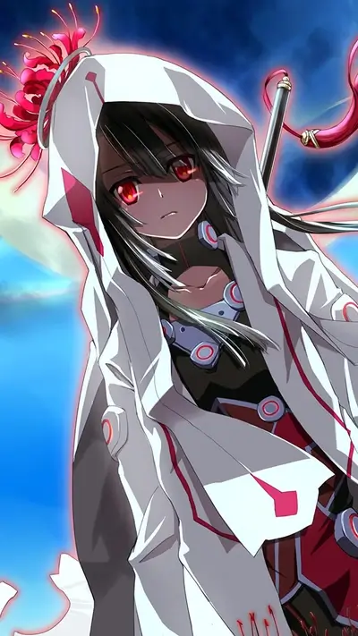 Girl in white hooded coat with red accents