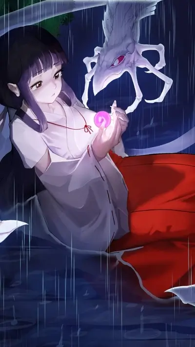 Girl in white kimono holds glowing orb, creature behind her