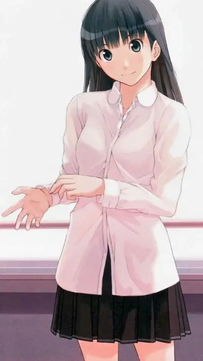 Girl in white shirt and black skirt adjusting sleeve
