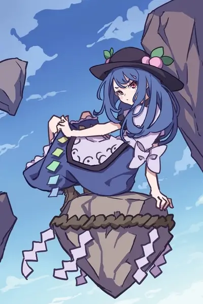 Girl in wide-brimmed hat sitting on heart-shaped rock amidst floating rocks.