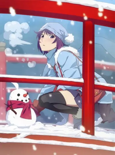 Girl in winter clothes near a red structure