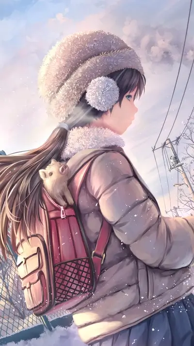 Girl in winter clothes with a pig