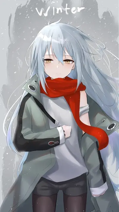Girl in winter clothing, a red scarf and a grey jacket