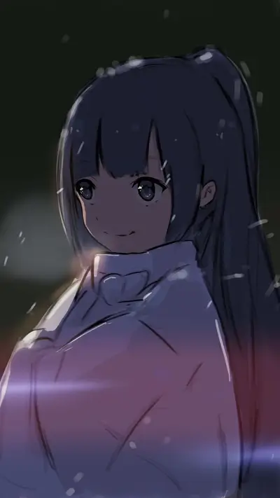 Girl in winter coat, snow falling