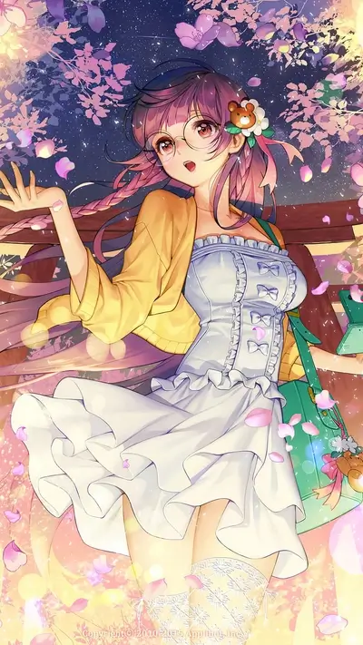 Girl in yellow cardigan and white dress under cherry blossoms