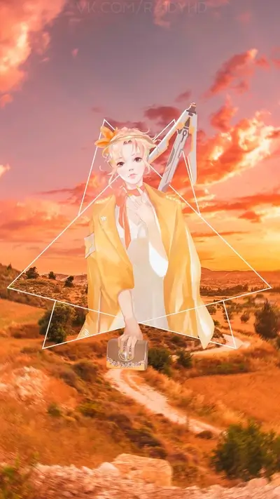 Girl in yellow coat sunset landscape