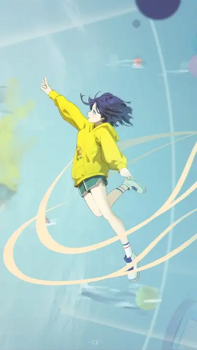 Girl in yellow hoodie floating in space