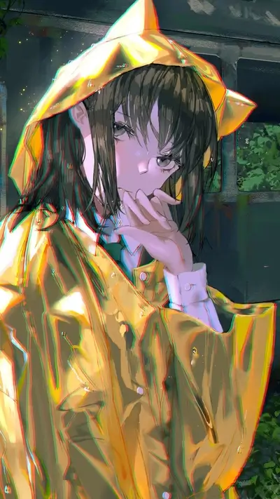 Girl in yellow raincoat near old building