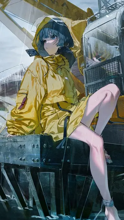 Girl in yellow raincoat sitting on a metal structure in the rain