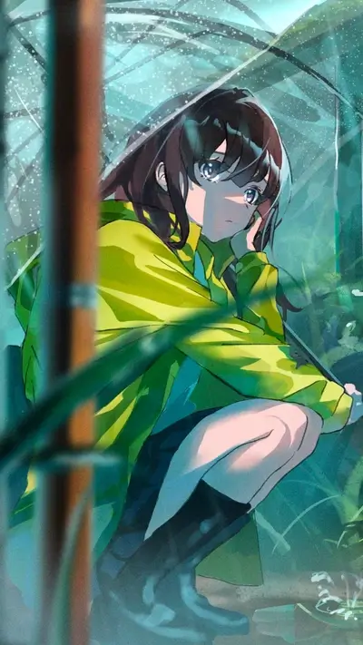 Girl in yellow raincoat under umbrella in rain
