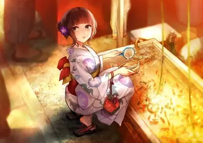 Girl in Yukata feeding Koi