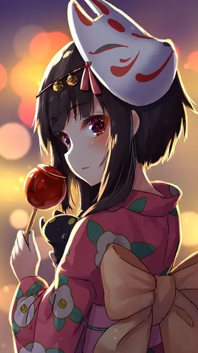 Girl in yukata holding candy apple
