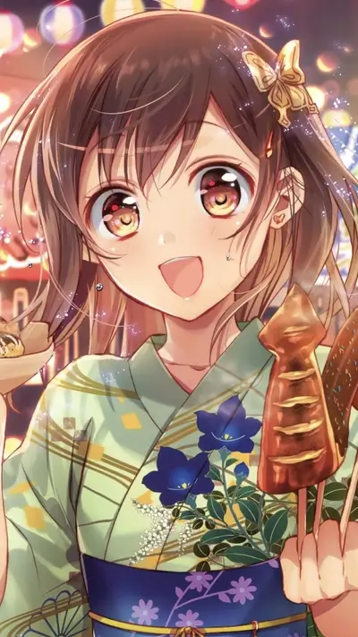 Girl in yukata holding takoyaki and other festival foods